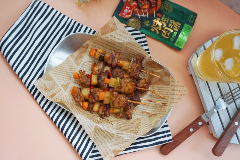 Beef Brisket Mushroom and Mixed Vegetable Skewers